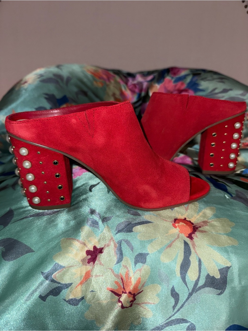 NEW BP. Open-Toe Red Suede Mules with Pearl Stud Detail on block heel 8M